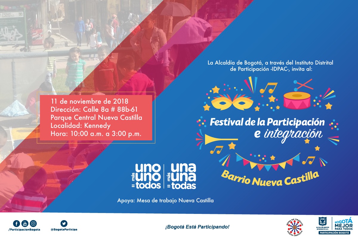 El evento denominado “Lluvia de Estrellas en TransMiCable” se llevará a cabo en Ciudad Bolívar desde las 5 de la tarde, de hoy 10 de noviembre de 2018, en la estación de Manitas del sistema y contará con la participación del grupo sinfónico de la Fundación Nacional Batuta de la Escuela de Fontibón, que amenizarán la tarde a los habitantes del sector. Este concierto es el resultado de la sostenibilidad a la intervención que se realizó en la escalera del barrio y que se programó con apoyo de la comunidad. Las actividades programadas dentro de la estrategia Uno Más Uno=Todos, Una Más Una=Todas del Instituto Distrital de la Participación y Acción Comunal –IDPAC-, tendrán una amplia programación para este fin de semana de puente festivo. Mañana domingo, 11 de noviembre,  habrá dos actividades: la primera llevará a cabo en la localidad de San Cristóbal en el barrio Altos del Virrey, con el embellecimiento de las escaleras del parque principal, esta actividad contará con la participación de la comunidad de la zona, ya que serán ellos mismos los que pinten y hagan el embellecimiento de su espacio público; la intervención se desarrollará a partir de las 9 de la mañana, hasta las 5  de la tarde. La última actividad del domingo que liderará el modelo de participación Uno más Uno=Todos, Una más Una=Todas, se llevará a cabo en la localidad de Kennedy, y consiste en una activación social con los habitantes del sector de Nueva Castilla, para definir plan de trabajo y las intervenciones que liderará el IDPAC en este sector; el evento contará con muestras artísticas, culturales y gastronómicas, todas estas se desarrolladas por habitantes del sector. Así que, si usted es una persona que se preocupa por los asuntos de la ciudad, y quiere ser parte del cambio, agéndese a estas actividades del fin de semana.