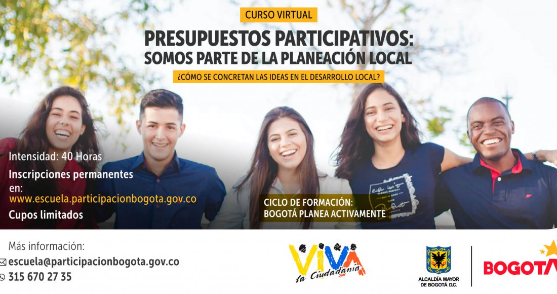 Desde la Escuela de Participación del Instituto Distrital de la Participación y Acción Comunal (IDPAC), invitamos a toda la ciudadanía a inscribirse en el Curso Virtual: ‘Presupuestos Participativos: somos parte de la Planeación Local’. 