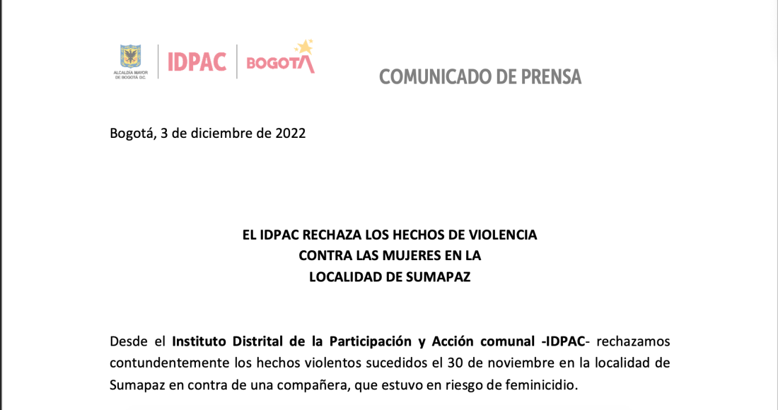 EL IDPAC RECHAZA LOS HECHOS DE VIOLENCIA CONTRA LAS MUJERES EN LA LOCALIDAD DE SUMAPAZ