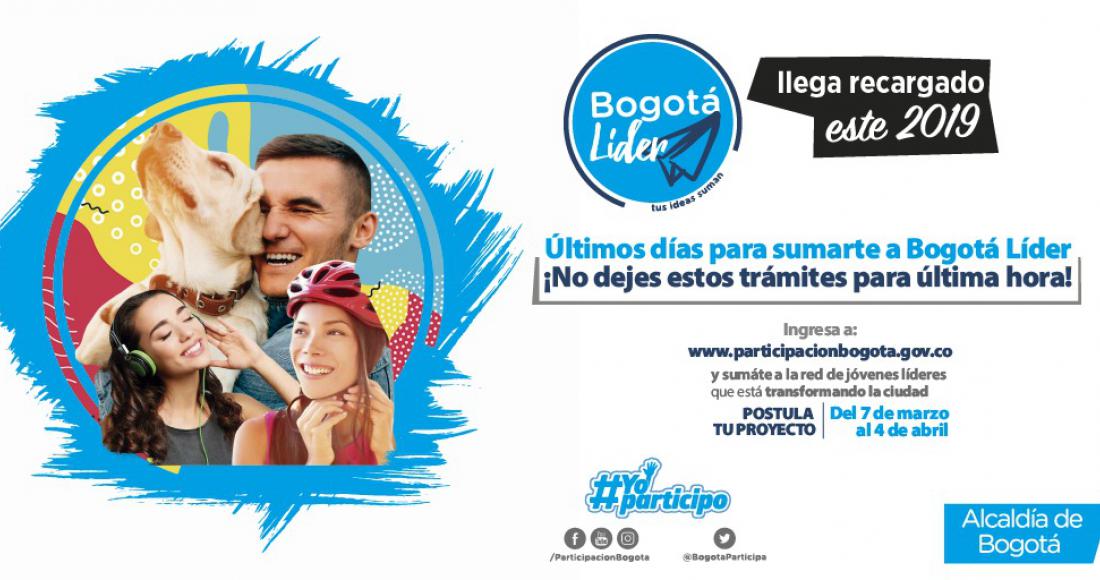 ¡No deje estos trámites para última hora! Si su proyecto tiene más de un año de implementación y usted está interesado en recibir los beneficios que ofrece el Instituto Distrital de la Participación y Acción Comunal  -IDPAC, a los colectivos, fundaciones u organizaciones sociales juveniles, a través de Bogotá Líder, recuerde que el próximo 4 de abril, se acaba el plazo para inscribirse y enviar los documentos solicitados para participar en la Convocatoria Bogotá Líder 2019. Éstos deben entregarse diligencia