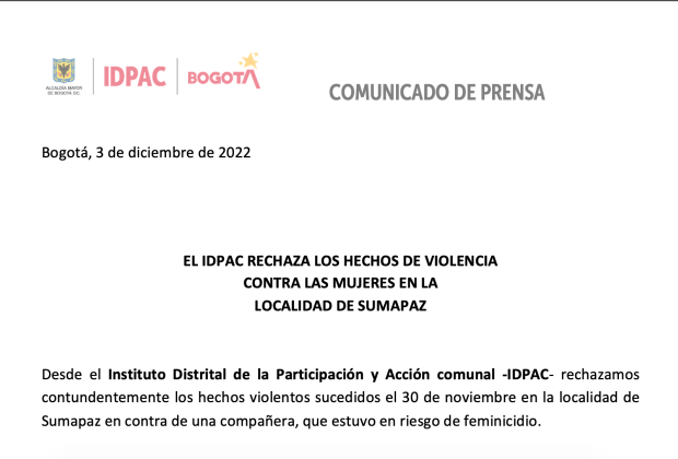 EL IDPAC RECHAZA LOS HECHOS DE VIOLENCIA CONTRA LAS MUJERES EN LA LOCALIDAD DE SUMAPAZ