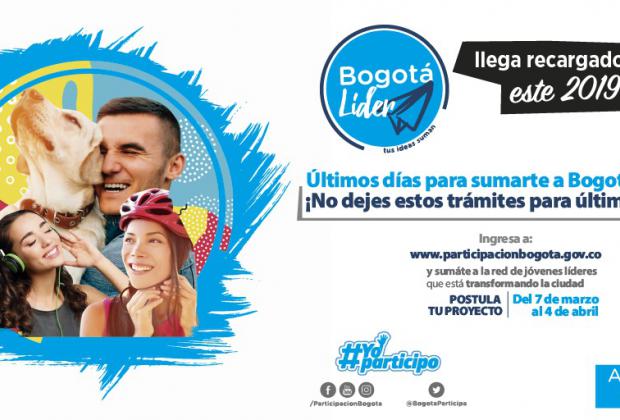 ¡No deje estos trámites para última hora! Si su proyecto tiene más de un año de implementación y usted está interesado en recibir los beneficios que ofrece el Instituto Distrital de la Participación y Acción Comunal  -IDPAC, a los colectivos, fundaciones u organizaciones sociales juveniles, a través de Bogotá Líder, recuerde que el próximo 4 de abril, se acaba el plazo para inscribirse y enviar los documentos solicitados para participar en la Convocatoria Bogotá Líder 2019. Éstos deben entregarse diligencia